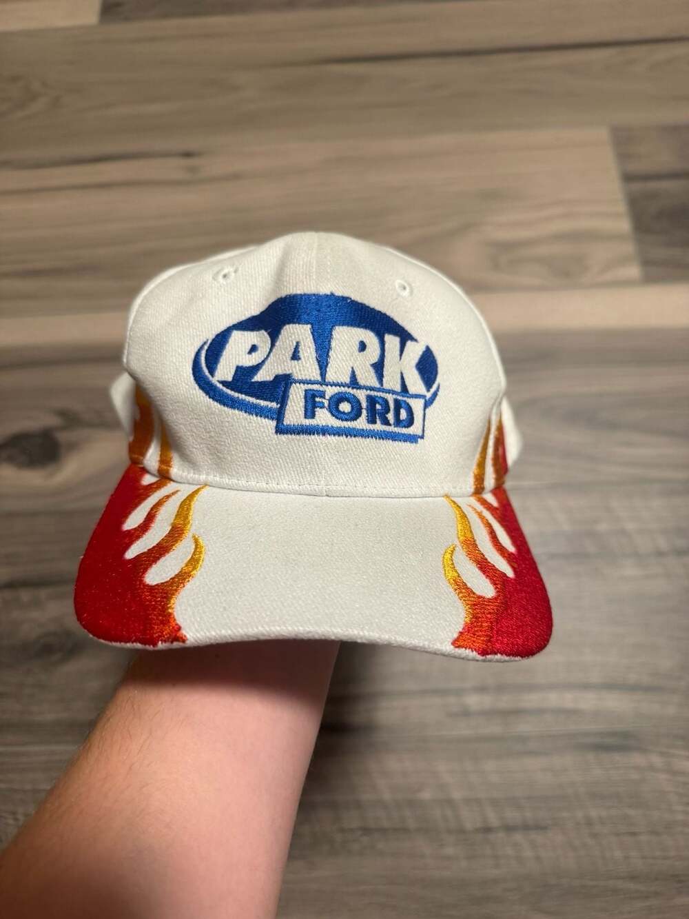 Vintage Park Ford Flames Embroidered White Hat Cap Strapback Nissin Cap